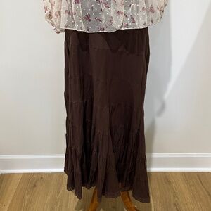 Brown Tiered Lace Skirt Cottage Fairy Whimsigoth Farm Sz L Boho Hippie